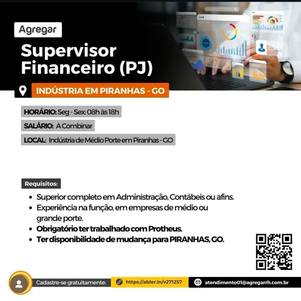 = :
(na

  
  

Supervisor
Financeiro (PJ)

Q INDUSTRIA EM PIRANHAS - GO

 

e Superior completo em Administragao, Contabeis ou afins.

© Experiéncia na funcao,em empresas de médio ou
grande porte.

e Obrigatério ter trabalhado com Protheus.

e Terdisponibilidade de mudanga para PIRANHAS, GO.

   
  

 

     

Cadastre-se gratuitamente: | ¢ ) hi Supervisor
Financeiro (PJ)

Q _INDUSTRIA EM PIRANHAS - GO

HORARIO: Seg - Sex: O8h as 18h
SALARIO: ACombinar
LOCAL: Industria de Médio Porte em Piranhas- GO

e Superior completo em Administracao, Contabeis ou afins.

e Experiéncia na fun¢ao, em empresas de médio ou
grande porte.

e Obrigatério ter trabalhado com Protheus.

¢ Terdisponibilidade de mudanga para PIRANHAS, GO.

 

as»
6 Cadastre-se gratuitamente: @ https://abler.in/v271257 (3) ELrare la aie) Clete [cree Ke lain og
J = fay:
sli. aat hai

Supervisor
Financeiro (PJ)

Q INDUSTRIA EM PIRANHAS - GO

   

 

e Superior completo em Administragao, Contabeis ou afins.

e Experiéncia na f...