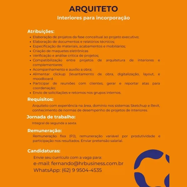 Interiores para incorporagao

Nt Ti cel

Requisitos:

Jornada de trabalho:

Remuneragao:

Candidaturas: ARQUITETO

« Elaboracao de projetos da fase conceitual ao projeto executivo;

* Elaboragao de documentos e relatérios técnicos;

« Especificagao de materiais, acabamentos e mobiliarios;

* Criagao de maquetes eletrénicas

« Verificagaéo e analise critica de projetos;

+ Compatibilizagao entre projetos de arquitetura de interiores e
complementares;

« Acompanhamento e¢ auxilio a obra;

+ Alimentar clickup (levantamento de obra, digitalizacdo, layout, e
moodboard.

+ Participar de reuni6es com clientes, gerar e reportar atas para
coordenacao;

» Envio de solicitacoes e retornos nos grupos internos.

Arquiteto com experiéncia na area, dominio nos sistemas Sketchup e Revit,
conhecimento de normas de desempenho de projetos de interiores.

Integral de segunda a sexta.

Remuneracao fixa (PJ), remuneracédo varidvel por produtividade e
participacao nos resultados. Enviar pretensao salarial...