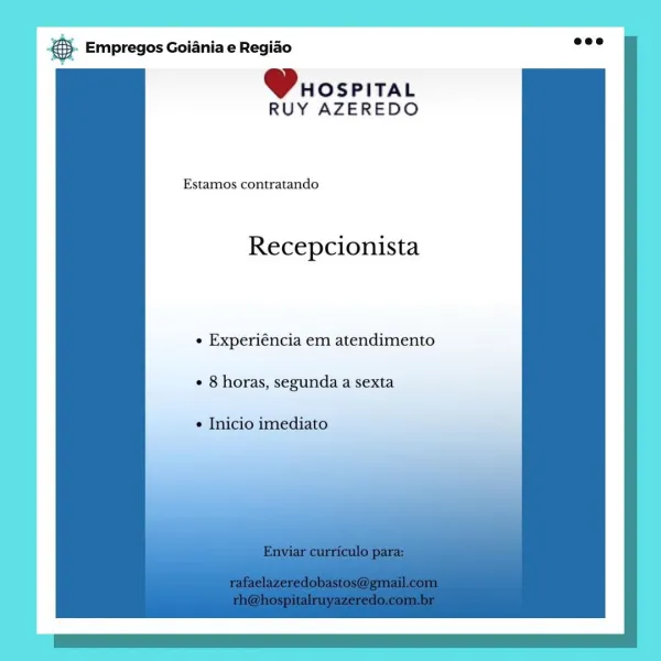 SS Empregos Goiania e Regiao

Pauospitar
RUY AZEREDO

Estamos contratando

Recepcionista

¢ Experiéncia em atendimento
¢ 8 horas, segunda a sexta

« Inicio imediato ry Empregos Goiania e Regiao

Wrospitar
RUY AZEREDO

Estamos contratando

Recepcionista

¢ Experiéncia em atendimento
¢ 8 horas, segunda a sexta

« Inicio imediato . Empregos Goiania e Regiado

Prospitar
RUY AZEREDO

Estamos contratando

Recepcionista

« Experiéncia em atendimento
8 horas, segunda a sexta

¢ Inicio imediato &. Empregos Goiania e Regiao

Wrospitar
RUY AZEREDO

Estamos contratando

Recepcionista

¢ Experiéncia em atendimento
* 8 horas, segunda a sexta

+ Inicio imediato . Empregos Goiania e Regiao

Pruospitar
RUY AZEREDO

Estamos contratando

Recepcionista

e Experiéncia em atendimento
¢ 8 horas, segunda a sexta

« Inicio imediato & Empregos Goiania e Regiao

Wruospitar
RUY AZEREDO

Estamos contratando

Recepcionista

¢ Experiéncia em atendimento
¢ 8 horas, segunda a sexta

Inicio imediato & Empregos Goian...