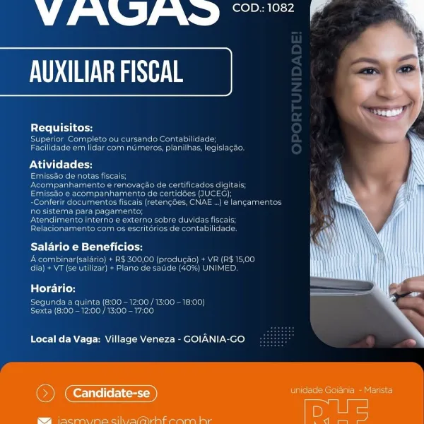 COD.: 1082

 

CUR ae

 

Requisitos:
Superior Completo ou cursando Contabilidade
Facilidade em lidar com numeros, planilha

Atividades:

Emissao de notas fiscals,
Acompanhamento e renovacaao de certificados digitais;

Emissao @ acompanhamento de certidoes (JUCEG);

(etoln i olaime roe aaa idol 3 (retengoes, CNAE ...) e langamentos
no sistema para pagamento;

Atendimento interne e externo sabre duvidas fiscais,
Relacionamento com os escritorios de contabilidade

  
 

     

  

Salario e Beneficios:

A combinar(salario) + R$ 300,00 (produgao) + VR (RS 15,00
dia) + VT (se utilizar) + Plano de sauide (40%) UNIMED.

Horario:

Segunda a quinta (8:00 — 12:00 / 13:00 — 18:00)
Sexta (8:00 - 12:00 / 13:00 -17:00

 

Local da Vaga: Village Veneza - GCOIANIA-GO

GC) unidade Goiania - Marista
p Us

\-/eteeatll arena inc elteleloatala ae = SUN

 

Requisitos:
Superior Completo ou cursando Contabilidade;
Facilidade em lidar com numeros, planilhas, legislacao.

Atividades:

Emissao de notas fisc...