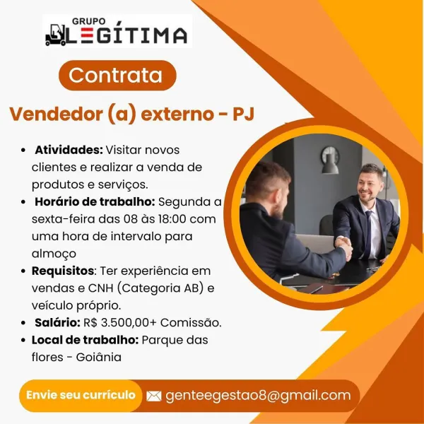 GRUPO 4g

uL=GITIMA

Vendedor (a) externo - PJ

© Atividades: Visitar novos
clientes e realizar a venda de
produtos e servicos.

¢ Hordario de trabalho: Segunda a
sexta-feira das 08 ds 18:00 com
uma hora de intervalo para
almogo

¢ Requisitos: Ter experiéncia em
vendas e CNH (Categoria AB) e
veiculo proprio.

e Saldrio: R$ 3.500,00+ Comissdo.

e Local de trabalho: Parque das

flores - Goidnia

Envie seu curriculo ) yx genteegestao8@gmail.com GRUPO ¢

QL=GITIMA

Vendedor (a) externo - PJ

¢ Atividades: Visitar novos
clientes e realizar a venda de
produtos e servigos.

¢ Hordrio de trabalho: Segunda a
sexta-feira das 08 ds 18:00 com
uma hora de intervalo para
almogo

¢ Requisitos: Ter experiéncia em
vendas e CNH (Categoria AB) e
veiculo proprio.

e Saldrio: R$ 3.500,00+ Comissdo.

* Local de trabalho: Parque das

flores - Goidnia

Envie Seu curriculo ) yxq genteegestao8@gmail.com GRUPO 4g

uiL=GITIMA

Vendedor (a) externo - PJ

© Atividades: Visitar novos
clientes e realizar a venda d...