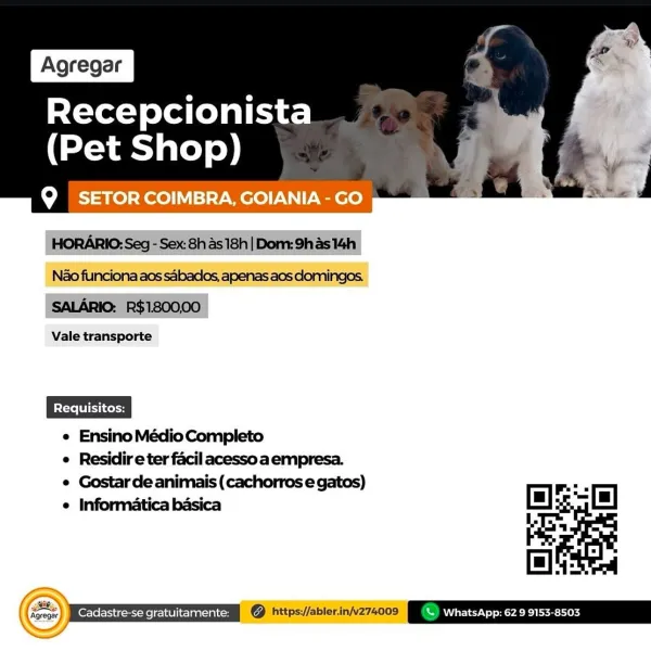 Recepcionista

(Pet Shop)

Q SETOR COIMBRA, GOIANIA - GO

 

Nao funciona aos sbados, apenas aes domingos.

 

Vale transporte

e Ensino Médio Completo

e Residire ter facil acessoa empresa.

e Gostarde animais (cachorros e gatos)
« Informatica b4si

   

ol Recepcionista
(Pet Shop)

Q SETOR COIMBRA, GOIANIA - GO

HORARIO: Seg - Sex: 8h as 18h | Dom: 9has 14h
Nao funciona aos sabados, apenas aos domingos.
SALARIO: R$1800,00

Vale transporte

e Ensino Médio Completo

e Residir eter facil acessoa empresa.

e Gostar de animais (cachorros e gatos)
e Informatica basica

 

=
© Cadastre-se gratuitamente: (A? Mauyeseauiecem (©) whatsApp: 629 9153-8503

4)

~—F Recepcionista
(Pet Shop)

Q SETOR COIMBRA, GOIANIA - GO

 

Vale transporte

e Ensino Médio Completo

e Residir eter facil acessoa empresa.

e Gostarde animais (cachorros e gatos)
e Informatica basica

 
  
   

| Cadastre-se gratuitamente: |~ Recepcionista
(Pet Shop)

Q SETOR COIMBRA, GOIANIA - GO - £8 ‘ee.

HORARIO: Seg - Sex: 8h a...