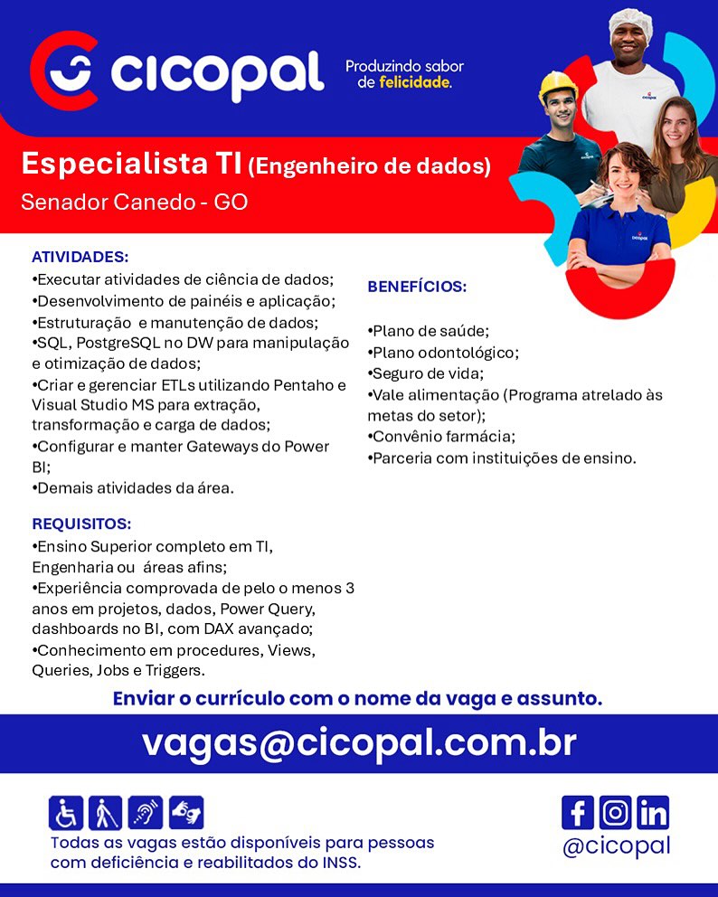 ~ CICOPAl *

specialista TI (Engenheiro de dados)
Senador Canedo- GO

ATIVIDADES:
*Executar atividades de ciéncia de dados; BENEFiCIOs:
“Desenvolvimento de painéis e aplicagao;
*Estruturagaéo emanutengéo de dados;
“SQL, PostgreSQL no DW para manipulagéo
@ otimizagao de dados;

*Criar e gerenciar ETLs utilizando Pentaho e

Visual Studio MS para extragao, tas do setor);
transformagao e carga de dados; heres oe e

«Configurar e manter Gateways do Power Cor ven cite) 6c13) -
Bl; *Parceria com instituicdes de ensino.

   

Plano de satide;

“Plano odontoldégico;

“Seguro de vida;

*Vale alimentagao (Programa atrelado as

*Demais atividades da drea.

REQUISITOS:

*Ensino Superior completo em Tl,
Engenharia ou dreas afins;

*Experiéncia comprovada de pelo o menos 3

anos em projetos, dados, Power Query,
dashboards no BI, com DAX avangado;

*Conhecimento em procedures, Views,
Queries, Jobs e Triggers.

Enviar o curriculo com o nome da vaga e assunto.

agas@cicopal.com.br

Gon

Todas as vagas estdo disponiveis para pessoas @cicopal
com deficiéncia e reabilitados do INSS. Can rte eine ie aeig
w Cc ] copal de felicidade.

Especialista Tl (Engenheirodedados) _
Senador Canedo- GO

ATIVIDADES:

*Executar atividades de ciéncia de dados; BENEFIicIOs:
“Desenvolvimento de painéis e aplicagao;
*Estruturagdo e manutengao de dados;
*SQL, PostgreSQL no DW para manipulagao
e otimizagao de dados;

*Criar e gerenciar ETLsutilizando Pentaho e
Visual Studio MS para extragao,
transformagao e carga de dados;
“Configurar e manter Gateways do Power
Bl

*Demais atividades da area.

   

Plano de sauide;

“Plano odontoldgico;

*Seguro de vida;

*Vale alimentagéo (Programa atrelado as
metas do setor);

*Convénio farmacia;

*Parceria com instituigdes de ensino.

REQUISITOS:

*Ensino Superior completo em TI,
Engenharia ou areas afins;
*Experiéncia comprovada de pelo o menos 3
anos em projetos, dados, Power Query,

 

dashboards no BI, com DAX avancado;
*Conhecimento em procedures, Views,
Queries, Jobs e Triggers.

Enviar o curriculo com o nome da vaga e assunto.

vagas@cicopal.com.br

 

Hon

Todas as vagas estdo disponiveis para pessoas @cicopal
com deficiéncia e reabilitados do INSS. RM eol(ove) elo Meg

Especialista Tl (Engenheiro de dados)
Senador Canedo- GO

ATIVIDADES:
*Executar atividades de ciéncia de dados; BENEFiclos:
“Desenvolvimento de painéis e aplicagao;
*Estruturagdo e manutengao de dados;
*SQL, PostgreSQL no DW para manipulagdo
e otimizagao de dados;

*Criar e gerenciar ETLs utilizando Pentaho e

Visual Studio MS para extragao, tas do sator):
transformacao e carga de dados; Rystas Co eet

“Configurar e manter Gateways do Power oar cece . ;
BI *Parceria com instituigdes de ensino.

   

“Plano de satide;

“Plano odontoldgico;

*Seguro de vida;

Vale alimentagao (Programa atrelado as.

*Demais atividades da drea.

REQUISITOS:

*Ensino Superior completo em TI,
Engenharia ou dreas afins;

*Experiéncia comprovada de pelo o menos 3
anos em projetos, dados, Power Query,
dashboards no BI, com DAX avangado;
*Conhecimento em procedures, Views,
Queries, Jobs e Triggers.

Enviar o curriculo com o nome da vaga e assunto.

vagas@cicopal.com.br

Gon

Todas as vagas estdo disponiveis para pessoas @cicopal
com deficiéncia e reabilitados do INSS. = Produzindo sabor
Sw A Cc ] fexeT eto CSorerecc

Especialista Tl (Engenheirodedados) |
Senador Canedo- GO

ATIVIDADES:
*Executar atividades de ciénciade dados; _ geneFicios:
“Desenvolvimento de painéis e aplicagao;
*Estruturagéo e manutengao de dados;
*SQL, PostgreSQL no DW para manipulagao
e otimizagao de dados;

*Criar e gerenciar ETLs utilizando Pentaho e

Visual Studio MS para extracao, tas do setor);
transformagao e carga de dados; metas coseou

i *Convénio farmacia;
*Configurar e manter Gateways do Power convene eI inacls tae 4
BI: *Parceria com instituicdes de ensino.

   

Plano de sauide;

*Plano odontoldgico;

*Seguro de vida;

“Vale alimentagao (Programa atrelado as

*Demais atividades da area.

REQUISITOS:

*Ensino Superior completo em TI,
Engenharia ou areas afins;

*Experiéncia comprovada de pelo o menos 3
anos em projetos, dados, Power Query,
dashboards no BI, com DAX avangado;
*Conhecimento em procedures, Views,
Queries, Jobs e Triggers.

Enviar o curriculo com o nome da vaga e assunto.

vagas@cicopal.com.br

Hon

Todas as vagas estdo disponiveis para pessoas @cicopal
com deficiéncia e reabilitados do INSS. ~ CICOPAl *:

Especialista Tl (Engenheiro de dados)
Senador Canedo- GO

ATIVIDADES:
Executar atividades de ciéncia de dados; BENEFiclos:
*Desenvolvimento de painéis e aplicagao;
*Estruturagdo emanutengao de dados;
“SQL, PostgreSQL no DW para manipulagdo
e otimizagao de dados;

*Criar e gerenciar ETLs utilizando Pentaho e

Visual Studio MS para extragao, tas do sator);
transformagao e carga de dados; metas Oo Seto

«Configurar e manter Gateways do Power ono eee . ;
BI: *Parceria com instituigdes de ensino.

   

«Plano de satide;

*Plano odontoldgico;

“Seguro de vida;

Vale alimentagéo (Programa atrelado as

*Demais atividades da area.

REQUISITOS:

*Ensino Superior completo em TI,
Engenharia ou dreas afins;

*Experiéncia comprovada de pelo o menos 3

anos em projetos, dados, Power Query,
dashboards no BI, com DAX avangado;

*Conhecimento em procedures, Views,
Queries, Jobs e Triggers.

Enviar o curriculo com o nome da vaga e assunto.

vagas@cicopal.com.br

Gon

Todas as vagas estdo disponiveis para pessoas @cicopal
com deficiéncia e reabilitados do INSS. Cp rele rae le aoe
A [o: ] foxeT eto de felicidade.

Especialista Tl (Engenheiro dedados) _
Senador Canedo- GO

ATIVIDADES:
*Executar atividades de ciénciade dados;_ geNEFicios:
“Desenvolvimento de painéis e aplicagao;
*Estruturagdo e manutengao de dados;
*SQL, PostgreSQL no DW para manipulagao
e otimizagao de dados;

*Criar e gerenciar ETLs utilizando Pentaho e

Visual Studio MS para extracao, tas do setor):
transformagao e carga de dados; metas coseicr)

“Configurar e manter Gateways do Power Convers farmacia; a ‘
BI: *Parceria com instituigdes de ensino.

   

Plano de sauide;

*Plano odontoldgico;

“Seguro de vida;

“Vale alimentagao (Programa atrelado as

*Demais atividades da area.

REQUISITOS:

*Ensino Superior completo em Tl,
Engenharia ou areas afins;

*Experiéncia comprovada de pelo o menos 3
anos em projetos, dados, Power Query,
dashboards no BI, com DAX avangado;
*Conhecimento em procedures, Views,
Queries, Jobs e Triggers.

Enviar o curriculo com o nome da vaga e assunto.

vagas@cicopal.com.br

Hon

Todas as vagas estdo disponiveis para pessoas @cicopal
com deficiéncia e reabilitados do INSS. ~ CICOPALl *

specialista TI (Engenheiro de dados)

Senador Canedo- GO

ATIVIDADES:
Executar atividades de cole de dados; BENEFicios:
«Desenvolvimento de paingis e aplicagao;
*Estruturagéo emanutengao de dados;

   

«Plano de satide;
SQL, PostgreSQL no DW para manipulagao *Plano odontolégico;
e otimizagdo de dados; *Seguro de vida;
*Criar e gerenciar ETLs utilizando Pentaho e i
. . 2 ‘Vale alimentagao (Programa atrelado 4s.
Visual Studio MS para extragao,
metas do setor);

transformagao e carga de dados; . e
*Conv6nio farmacia;

“Configurar e manter Gateways do Power S re :

BI: *Parceria com instituigdes de ensino.

*Demais atividades da drea.

REQUISITOS:

*Ensino Superior completo em TI,
Engenharia ou areas afins;

*Experiéncia comprovada de pelo o menos 3

anos em projetos, dados, Power Query,
dashboards no BI, com DAX avangado;

*Conhecimento em procedures, Views,
Queries, Jobs e Triggers.

Enviar o curriculo com o nome da vaga e assunto.

agas@cicopal.com.br

Gon

Todas as vagas estdo disponiveis para pessoas @cicopal
com deficiéncia e reabilitados do INSS. ~ Carers Was (sel tog
w Cl fexeT eto Cees

Especialista TI (Engenheiro de dados)
Senador Canedo- GO

     

ATIVIDADES:
*Executar atividades de ciénciade dados;_ geNEFiclos:
*Desenvolvimento de painéis e aplicagao;
*Estruturagdo e manutengao de dados;
*SQL, PostgreSQL no DW para manipulagao
e otimizagao de dados;

*Criar e gerenciar ETLs utilizando Pentaho e

Visual Studio MS para extragao, metas do setor);
transformagao e carga de dados; le

*Convénio farmacia;
*Configurar e manter Gateways do Power .
a *Parceria com instituigdes de ensino.

*Plano de satide;

*Plano odontolégico;

*Seguro de vida;

*Vale alimentagao (Programa atrelado as

*Demais atividades da area.

REQUISITOS:
+Ensino Superior completo em TI,
Engenharia ou areas afins;

+Experiéncia comprovada de pelo o menos 3
anos em projetos, dados, Power Query,
dashboards no BI, com DAX avangado;
*Conhecimento em procedures, Views,
Queries, Jobs e Triggers.

Enviar o curriculo com o nome da vaga e assunto.

vagas@cicopal.com.br

Hon

Todas as vagas estdo disponiveis para pessoas @cicopal
com deficiéncia e reabilitados do INSS. w~ CICOPAL °

Especialista Tl (Engenheiro de dados)
nador Canedo- GO

ATIVIDADES:
*Executar eieeeuee de coe Boao BENEFicios:
«Desenvolvimento de paingis e aplicagao;
*Estruturagéo emanutengao de dados;

   

= “Plano de satide;
SQL, PostgreSQL no DW para manipulagéo *Plano odontolégico;
@ otimizagao de dados; *Seguro de vida;
*Criar e gerenciar ETLs utilizando Pentaho e : £
. . 2 *Vale alimentagdo (Programa atrelado as.
Visual Studio MS para extragao,
metas do setor);

t a . +
ransformago e carga de dados; sConvanio ternal
“Configurar e manter Gateways do Power : aes ‘
BI: Parceria com instituig6es de ensino.

*Demais atividades da drea.

REQUISITOS:

*Ensino Superior completo em TI,
Engenharia ou areas afins;

*Experiéncia comprovada de pelo o menos 3

anos em projetos, dados, Power Query,
dashboards no BI, com DAX avangado;

*Conhecimento em procedures, Views,
Queries, Jobs e Triggers.

Enviar o curriculo com o nome da vaga e assunto.

aga icopal.com.br

Hon

Todas as vagas estdo disponiveis para pessoas @cico| pal
com deficiéncia e reabilitados do INSS. ~ Eaters Wns (else
Se A Cc i fexeT eto cee ey

Especialista TI (Engenheiro de dados)
Senador Canedo- GO

     

ATIVIDADES:
*Executar atividades de ciénciade dados;—_ geNEFicios:
*Desenvolvimento de painéis e aplicagao;
*Estruturagdo e manutengao de dados;
*SQL, PostgreSQL no DW para manipulagao
e otimizagao de dados;

*Criar e gerenciar ETLs utilizando Pentaho e

Visual Studio MS para extragao, metas do setor);
transformacao e carga de dados; = i

*Convénio farmacia;
“Configurar e manter Gateways do Power -
a *Parceria com instituigdes de ensino.

*Plano de sauide;

*Plano odontolégico;

*Seguro de vida;

*Vale alimentagao (Programa atrelado as

*Demais atividades da area.

REQUISITOS:
+Ensino Superior completo em TI,
Engenharia ou areas afins;

+Experiéncia comprovada de pelo o menos 3
anos em projetos, dados, Power Query,
dashboards no BI, com DAX avangado;
*Conhecimento em procedures, Views,
Queries, Jobs e Triggers.

Enviar o curriculo com o nome da vaga e assunto.

vagas@cicopal.com.br

Hon

Todas as vagas estdo disponiveis para pessoas @cicopal
com deficiéncia e reabilitados do INSS.