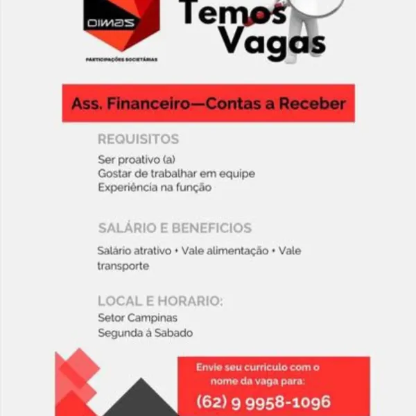 SF “Vest
a

 

 

REQUISITOS

Ser proativo (a)
Gostar de trabathar em equipe
Experiéncia na funcao

SALARIO E BENEFICIOS

Salario atrativo + Vale alimentacao + Vale
transporte

LOCAL E HORARIO:
Setor Campinas
Segunda 4 Sabado

ahs ee igs let Cotes iis)

nome da vaga para

(62) 9 9958-1096 — “Veg
‘smote

roy

 

REQUISI

Ser proativo (a)
Gostar de trabalhar em equipe
Experiéncia na funcao

SALARIO E BENEFICIOS

Salario atrativo + Vale alimentacao + Vale
transporte

LOCAL E HORARIO
Setor Campinas
Segunda a Sabado

   
   
 

Palette lal toners ied
nome da vaga para

(62) 9 9958-1096 SF “Ves
a

 

 

REQUISITOS

Ser proativo (a)
Gostar de trabathar em equipe
Experiéncia na funcao

SALARIO E BENEFICIOS

Salario atrativo + Vale alimentacao + Vale
transporte

LOCAL E HORARIO:
Setor Campinas
Segunda a Sabado

Envie seu curriculo com o

nome da vaga para

(62) 9 9958-1096 REQUISITOS

Ser proativo (a)
Gostar de trabalhar em equipe
Experiéncia na funcao

SALARIO E BENEFICIOS

Salario atrativo...