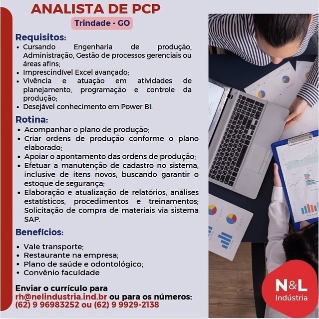 ANALISTA DE PCP
Trindade - GO

Requisitos:

+ Cursando Engenharia) de —_—producao,
Administragao, Gestao de processos gerenciais ou
areas afins;

+ Imprescindivel Excel avangado;

+ Vivencia e atuacao em atividades de
planejamento, programacao e controle da
producao-

= Desejavel conhecimento em Power Bi.

Rotina:

* Acompanhar o plano de produgao;

* Criar ordens de produgéo conforme o plano
elaborado:

+ Apolar o apontamento das ordens de produ¢ao;

* Efetuar a manuten¢ao de cadastro no sistema,
Inclusive de Itens novos, buscando garantir 0
estoque de seguranca;

* Elaboracao € atualizacao de relatérios, andlises
estatisticos, procedimentos e  treinamentos;
Solicitacao de compra de materiais via sistema
SAP.

Beneficios:

* Vale transporte:

* Restaurante na empresa;

+ Plano de satide 2 odontolégico;
* Convénio faculdade

Enviar o curriculo para
rh@nelindustria.ind.br ou para os nuimeros: eee
(62) 9 96983252 ou (62) 9 9929-2138 ANALISTA DE PCP

Trindade - GO

 

Requisitos:

+ Cursando Engenharia. de —_producao,
Administragao, Gestao de processos gerenciais ou
areas afins;

+ Imprescindivel Excel avangado;

+ Vivéncia e atuacao em atividades de
planejamento, programagao e controle da
producao;

+ Desejavel conhecimento em Power BI.

Rotina:

* Acompanhar o plano de produgao;

* Criar ordens de produgao conforme o plano
elaborado;

+ Apoiar o apontamento das ordens de producao;

+ Efetuar a manutengao de cadastro no sistema,
inclusive de itens novos, buscando garantir o
estoque de seguranca;

+ Elaboragao e atualizacao de relatérios, andlises
estatisticos, procedimentos e  treinamentos,
Solicitagéo de compra de materiais via sistema
SAP.

Beneficio:

 

+ Vale transporte;

+ Restaurante na empresa;

* Plano de satide e odontolégico;
+ Convénio faculdade

Enviar o curriculo para | is
rh@nelindusti d.br ou para os numeros: teeter)
(62) 9 96983252 ou (62) 9 9929-2138 ANALISTA DE PCP
Trindade - GO

Requisitos:

= Cursando Engenharia de _producao,
Administragao, Gesto de processos gerenciais ou
4reas afins;

+ Imprescindivel Excel avangado;

+ Vivéncia e atuagao em atividades de
planejamento, programagao e controle da
producao;

«= Desejével conhecimento em Power BI.

Rotina:

* Acompanhar o plano de produgao;

* Criar ordens de producao conforme o plano
elaborado;

* Apoiar o apontamento das ordens de produgao;

« Efetuar a manutencao de cadastro no sistema,
inclusive de itens novos, buscando garantir o
estoque de seguranca;

* Elaboragao e atualizagao de relatorios, andlises
estatisticos, procedimentos e  treinamentos;
Solicitagao de compra de materiais via sistema
SAP.

Beneficios:

* Vale transporte;

* Restaurante na empresa;

* Plano de satide e odontolégico;
* Convénio faculdade

Enviar o curriculo para
rh@nelindustria.ind.br ou para os ndmeros: ieee)
(62) 9 96983252 ou (62) 99929-2158 ANALISTA DE PCP

Trindade - GO

 

+ Cursando Engenharia de _produgao,
Administragao, Gestao de processos gerenciais ou
areas afins;

+ Imprescindivel Excel avangado;

+ Vivéncia e atuacao em atividades de
planejamento, programacao e controle da
producao;

+ Desejavel conhecimento em Power BI

Rotina:

* Acompanhar o plano de produgao;

* Criar ordens de produgao conforme o plano
elaborado;

« Apoiar 0 apontamento das ordens de producao;

+ Efetuar a manutengao de cadastro no sistema,
inclusive de itens novos, buscando garantir o
estoque de seguranga;

* Elaboracao e atualizacao de relatorios, analises
estatisticos, procedimentos e  treinamentos;
Solicitagdo de compra de materiais via sistema
SAP.

Beneficios:

 

+ vale transporte;

+ Restaurante na empresa;

+ Plano de satide e odontolégico;
+ Convénio faculdade

Enviar o curriculo para
rh@nelindustria.ind.br ou para os numeros: eect}
(62) 9 96983252 ou (62) 9 9929-2138 ANALISTA DE PCP
Trindade “GO)

Requisitos:

= Cursando Engenharia de _producao,
‘Administragao, Gestao de processos gerenciais ou
dreas afins;

+ Imprescindivel Excel avangado;

* Vivencia e atuacao em atividades de
planejamento, programagio e controle da
produgao;

= Desejével conhecimento em Power BI.

Rotina:

« Acompanhar o plano de produgao;

© Criar ordens de producao conforme o plano
elaborado;

« Apoiar o apontamento das ordens de produgao;

« Efetuar a manutencao de cadastro no sistema,
inclusive de itens novos, buscando garantir o
estoque de seguranga;

* Elaboragao e atualizagao de relatorios, andlises
estatisticos, procedimentos e treinamentos;
Solicitagao de compra de materiais via sistema
SAP.

Beneficios:

* Vale transporte;

+ Restaurante na empresa,

+ Plano de satide e odontolégico:
+ Convénio faculdade

Enviar o curriculo para
rh@nelindustria.ind.br ou para os ndmeros: ieee
(62) 9 96983252 ou (62) 9 9929-2158 ANALISTA DE PCP

Trindade - GO

 

= Cursando Engenharia. de _produgao,
Administracao, Gestao de processos gerenciais ou
areas afins;

+ Imprescindivel Excel avangado;

+ Vivéncia e atuacao em atividades de
planejamento, programacao e controle da
producao;

+ Desejavel conhecimento em Power BI.

Rotina:

+ Acompanhar o plano de produgao;

+ Criar ordens de produgao conforme o plano
elaborado;

« Apoiar 0 apontamento das ordens de producao;

« Efetuar a manutencao de cadastro no sistema,
inclusive de itens novos, buscando garantir o
estoque de seguranca;

* Elabora¢ao e atualizagao de relatorios, analises
estatisticos, procedimentos e treinamentos;
Solicitagao de compra de materiais via sistema
SAP.

Beneficio:

 

 

+ Vale transporte;

+ Restaurante na empresa;

+ Plano de satide e odontolégico;
+ Convénio faculdade

Enviar o curriculo para Né&L
rh@nelindustria.ind br ou para os nimeros: rear
(62) 9 96983252 ou (62) 9 9929-2138 ANALISTA DE PCP

 

Requisitos:

= Cursando Engenharia de —_producao,
Administragao, Gestao de processos gerenciais ou
areas afins;

« Imprescindivel Excel avangado;

» Vivencia e atuagao em atividades de
planejamento, programacao e controle da
producao,
= Desejavel conhecimento em Power BI.

Rotina:

* Acompanhar o plano de produgao;

* Criar ordens de produ¢ao conforme o plano
elaborado;

* Apolar o. apontamento das ordens de produgao;

« Efetuar a manutengao de cadastro no sistema,
inclusive de itens novos, buscando garantir o
estoque de seguranga;

* Elaboracao e atualizacao de relatorios, analises
estatisticos, procedimentos e trelnamentos,
Solicitagao de compra de materiais via sistema
SAP.

Beneficios:

* Vale transporte:

+ Restaurante na empresa;

+ Plano de satide € odontolégico;
* Convénio faculdade

Enviar o curriculo para
rh@ pal
(62) 9 96983252 ou (62) 9 9929-2138

 

Industria ANALISTA DE PCP

Trindade - GO

 

+ Cursando Engenharia de _produgao,
Administragao, Gestao de processos gerenciais ou
areas afins,

+ Imprescindivel Excel avangado;

+ Vivéncia e atuagéo em atividades de
planejamento, programacao e controle da
produgao;

+ Desejavel conhecimento em Power Bl.

Rotina:

+ Acompanhar o plano de produgao;

+ Criar ordens de produgéo conforme o plano
elaborado;

« Apoiar 0 apontamento das ordens de producao;

« Efetuar a manutengao de cadastro no sistema,
inclusive de itens novos, buscando garantir o
estoque de seguranca;

* Elaboragdo e atualizagao de relatérios, andlises
estatisticos, procedimentos e  treinamentos;
Solicitagéo de compra de materiais via sistema
SAP.

Beneficio:

 

 

« Vale transporte;

« Restaurante na empresa;

+ Plano de satide e odontolégico;
+ Convénio faculdade

Enviar o curriculo para 1 Fes
rh@nelindustria.ind.br ou para os numeros: ele)
(62) 9 96983252 ou (62) 9 9929-2138 ANALISTA DE PCP
as

Requisitos:

“Cursando| Engenharia de —_—producao,
Administracao, Gestaa de procescos gerenciais ou.
dveas afins,

« imprescindivel Excel avancade,

*Vivencia e atuagao em atividades de

planejamento, programacio e controle da
Produrao, :
= Deselavel conhecimento em Power BI

  
   

* Crlar ordens de producao conforme o: plano
elaborado:
‘G apontamento das ordens de ee

* Vele transporte:

* Restaurante na empresa:

* Plano de salide © odontologico:
* Convento faculdade

Enviar o curriculo para
rh@nelindustria.ind br oulpara os nameros:
(62) 9 96983252 ou (62) 99929-2158. ANALISTA DE PCP

Trindade - GO

 

+ Cursando Engenharia de _produgao,
Administracao, Gestao de processos gerenciais ou
reas afins;

+ Imprescindivel Excel avangado;

+ Vivéncia e atuagéo em atividades de
planejamento, programacao e controle da
produgao;

+ Desejavel conhecimento em Power Bl.

Rotina:

+ Acompanhar o plano de produgao;

+ Criar ordens de produgéo conforme o plano
elaborado;

+ Apoiar 0 apontamento das ordens de producao;

« Efetuar a manutengao de cadastro no sistema,
inclusive de itens novos, buscando garantir o
estoque de seguranca;

+ Elaboragao e atualizagao de relatorios, analises
estatisticos, procedimentos e  treinamentos;
Solicitagéo de compra de materiais via sistema
SAP.

Beneficio:

 

 

« Vale transporte;

« Restaurante na empresa;

+ Plano de satide e odontolégico;
+ Convénio faculdade

Enviar o curriculo para
rh@nelindustria.ind.br ou para os numeros: ee cre)
(62) 9 96983252 ou (62) 9 9929-2138