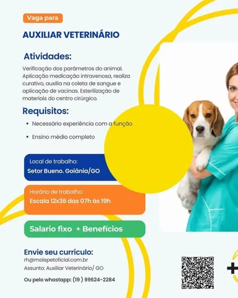 AUXILIAR VETERINARIO

Atividades:

Verificagao dos parametros do animal.
Aplicagado medicagao intravenosa, realiza
curativo, auxilia na coleta de sangue e
aplicagdo de vacinas. Esterilizagao de
materiais do centro cirdrgico.

Requisitos:
¢ NecessGrio experiéncia com aifungao

* Ensino médio completo

Local de trabalho:

Setor Bueno. Goidnia/GO

Horario de trabalho:
Escala 12x36 das 07h as 19h

Salario fixo + Beneficios

Envie seu curriculo: ;
rh@maispetoficial.com.br i

Assunto: Auxiliar Veterinario/ GO

 

Ou pelo whastapp: (19 ) 99624-2284 AUXILIAR VETERINARIO

Atividades:

Verificagao dos parametros do animal.
Aplicagao medicagao intravenosa, realiza
curativo, auxilia na coleta de sangue e
aplicagao de vacinas. Esterilizagao de
materiais do centro cirurgico.

Requisitos:
* Necessario experiéncia com aifuneado

* Ensino médio completo

Local de trabalho:

Setor Bueno. Goidnia/GO

Horario de trabalho:
Escala 12x36 das 07h as 19h

Salario fixo + Beneficios

Envie seu curriculo:
th@m...