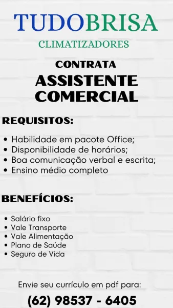 TUDOBRISA

CLIMATIZADORES
CONTRATA

ASSISTENTE
COMERCIAL

REQUISITOS:

© Habilidade em pacote Office;

© Disponibilidade de hordrios;

® Boa comunicagdo verbal e escrita;
e Ensino médio completo

BENEFICIOS:

® Saldrio fixo

e Vale Transporte

® Vale Alimentagdo
® Plano de Saude

® Seguro de Vida

Envie seu curriculo em pdf para:

(62) 98537 - 6405 TUDOBRISA

CLIMATIZADORES
CONTRATA

ASSISTENTE
COMERCIAL

REQUISITOS:

° Habilidade em pacote Office;

e Disponibilidade de hordrios;

¢ Boa comunicagdo verbal e escrita;
e Ensino médio completo

BENEFICIOS:

© Saldrio fixo

e Vale Transporte

© Vale Alimentagdo
e Plano de Saude

e Seguro de Vida

Envie seu curriculo em pdf para:

(62) 98537 - 6405 TUDOBRISA

CLIMATIZADORES
CONTRATA

ASSISTENTE
COMERCIAL

REQUISITOS:

° Habilidade em pacote Office;

© Disponibilidade de hordrios;

e Boa comunicagao verbal e escrita;
e Ensino médio completo

BENEFICIOS:

e Saldrio fixo

e Vale Transporte

® Vale Alimentagdo
® Plano de Saude

© Seguro de Vi...