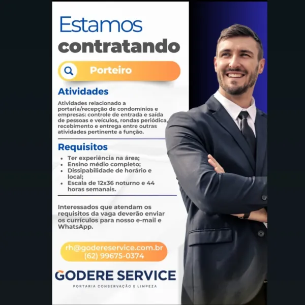 Estamos
contratando

Q

——

Atividades

Atividades relacionado a
portaria/recepcado de condominios e
empresas: controle de entrada e saida
de pessoas e veiculos, rondas peridédica,
recebimento e entrega entre outras
atividades pertinente a fungao.

Requisitos

Ter experiéncia na area;
Ensino médio completo;
Dissipabilidade de hordrio e
local;

Escala de 12x36 noturno e 44
horas semanais.

Interessados que atendam os
requisitos da vaga deverdo enviar
os curriculos para nosso e-mail e

GODERE SERVICE

PORTARIA CONSERVACAO E LIMPEZA Estamos
contratando

Q

Atividades

Atividades relacionado a
portaria/recep¢ao de condominios e
empresas: controle de entrada e saida

de pessoas e veiculos, rondas periédica
recebimento e entrega entre outras
atividades pertinente a fungao.

Requisitos

Ter experiéncia na area;
Ensino médio completo;
Dissipabilidade de horario e
local;

Escala de 12x36 noturno e 44
horas semanais.

Interessados que atendam os
requisitos da vaga deverdo enviar
os curriculos...