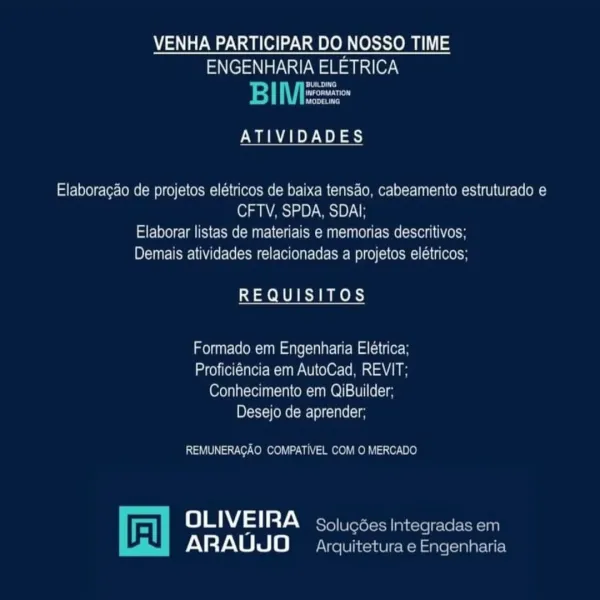 VENHA PARTICIPAR DO NOSSO TIME
ENGENHARIA ELETRICA

an

ATIVIDADES

 

 

Elaboragao de projetos elétricos de baixa tensao, cabeamento estruturado e
CFTV, SPDA, SDAI:
Elaborar listas de materiais e memorias descritivos:
Demais atividades relacionadas a projetos eletricos:

REQUISITOS

OiICleON cin =iare(oIa are teM dsl ler k
Proficiéncia em AutoCad, REVIT:
Conhecimento em QiBuilder:
Desejo de aprender:

REMUNERACAO COMPATIVEL COMO MERCADO

| = oer Soluedes Inteqradas em
ARAUJO Arquitetura e Engenharia VENHA PARTICIPAR DO NOSSO TIME
ENGENHARIA ELETRICA

be} ed

ATIVIDADES

 

Elaboragao de projetos elétricos de baixa tensao, cabeamento estruturado e
10) As) of WS)
Elaborar listas de materiais e memorias descritivos;
Demais atividades relacionadas a projetos elétricos;

ae RUE ek)

Formado em Engenharia Elétrica;
Proficiéncia em AutoCad, REVIT;
Conhecimento em QiBuilder;
Desejo de aprender;

REMUNERACAO COMPATIVEL COM O MERCADO

eS er Wceteccelnceee cet
ARAUJO Arquitetura e Engenharia...