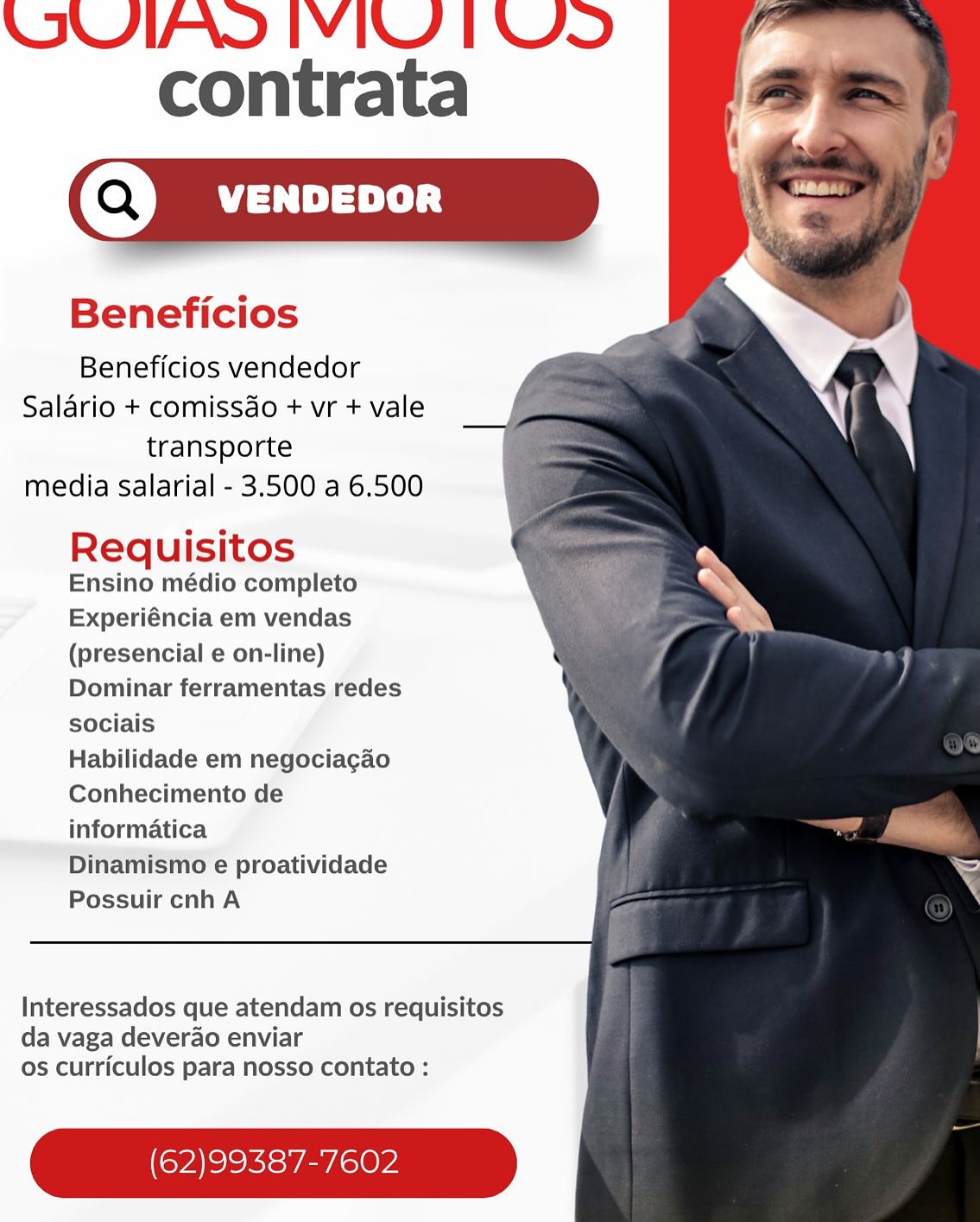 WVUIAS IVIL TUS
contrata

@)  venvevor

Beneficios

Beneficios vendedor
Salario + comissdo + vr + vale
transporte
media salarial - 3.500 a 6.500

Requisitos

Ensino médio completo
Experiéncia em vendas
(presencial e on-line)
Dominar ferramentas redes
sociais

Habilidade em negociacgao
Conhecimento de
informatica

Dinamismo e proatividade
Possuir cnh A

    
  

 

Interessados que atendam os requisitos
da vaga deverao enviar
os curriculos para nosso contato :

(62)99387-7602 UWVUIAS IVI TS
contrata

Beneficios

Beneficios vendedor
Salario + comissdo + vr + vale
transporte
media salarial - 3.500 a 6.500

    
  

Requisitos

Ensino médio completo
Experiéncia em vendas
(presencial e on-line)
Dominar ferramentas redes
sociais

Habilidade em negociagao
Conhecimento de
informatica

Dinamismo e proatividade
Possuir cnhA

 

Interessados que atendam os requisitos
da vaga deverao enviar
os curriculos para nosso contato :

(62)99387-7602 UWVUIAS IVIL TUS
contrata

@)  venvevor

    
  

Beneficios

Beneficios vendedor
Salario + comissdo + vr + vale
transporte
media salarial - 3.500 a 6.500

Requisitos

Ensino médio completo
Experiéncia em vendas
(presencial e on-line)
Dominar ferramentas redes
sociais

Habilidade em negociacgao
Conhecimento de
informatica

Dinamismo e proatividade
Possuir cnh A

 

Interessados que atendam os requisitos
da vaga deverao enviar
os curriculos para nosso contato :

ep clext=VANLeys UWVUIAS IVI TUS
contrata

Beneficios

Beneficios vendedor
Salario + comissdo + vr + vale
transporte
media salarial - 3.500 a 6.500

    
  

Requisitos

Ensino médio completo
Experiéncia em vendas
(presencial e on-line)
Dominar ferramentas redes
sociais

Habilidade em negociacgao
Conhecimento de
informatica

Dinamismo e proatividade
Possuir cnhA

 

Interessados que atendam os requisitos
da vaga deverao enviar
os curriculos para nosso contato :

(62)99387-7602 UWVUIAS IVIKY TUS
contrata

@)  venvevor

      
  

Beneficios

Beneficios vendedor
Salario + comissdo + vr + vale
transporte
media salarial - 3.500 a 6.500

Requisitos

Ensino médio completo
Experiéncia em vendas
(presencial e on-line)
Dominar ferramentas redes
sociais

Habilidade em negociacgao
Conhecimento de
informatica

Dinamismo e proatividade
Possuir cnh A

 

Interessados que atendam os requisitos
da vaga deverao enviar
os curriculos para nosso contato :

(GP SektsVAVLSevs UWVUIAS IVIL TS
contrata

Beneficios

Beneficios vendedor
Salario + comissdo + vr + vale
transporte
media salarial - 3.500 a 6.500

    
  

Requisitos

Ensino médio completo
Experiéncia em vendas
(presencial e on-line)
Dominar ferramentas redes
sociais

Habilidade em negociacgao
Conhecimento de
informatica

Dinamismo e proatividade
Possuir cnhA

 

Interessados que atendam os requisitos
da vaga deverao enviar
os curriculos para nosso contato :

(ep cloks=VANLSevs WVUIAS IVIL TS
contrata

    
  

Beneficios

Beneficios vendedor
Salario + comissdo + vr + vale
transporte
media salarial - 3.500 a 6.500

Requisitos

Ensino médio completo
Experiéncia em vendas
(presencial e on-line)
Dominar ferramentas redes
sociais

Habilidade em negociacao
Conhecimento de
informatica

Dinamismo e proatividade
Possuir cnh A

 

Interessados que atendam os requisitos
da vaga deverao enviar
os curriculos para nosso contato :

(62)99387-7602 UWVUIAS IVI TS
contrata

Beneficios

Beneficios vendedor
Salario + comissdo + vr + vale
transporte
media salarial - 3.500 a 6.500

    
  

Requisitos

Ensino médio completo
Experiéncia em vendas
(presencial e on-line)
Dominar ferramentas redes
sociais

Habilidade em negociacao
Conhecimento de
informatica

Dinamismo e proatividade
Possuir cnhA

 

Interessados que atendam os requisitos
da vaga deverdao enviar
os curriculos para nosso contato :

(62)99387-7602 contrata

@)  venvevor

Beneficios

Beneficios vendedor
Salario + comissdo + vr + vale
transporte
media salarial - 3.500 a 6.500

Requisitos

Ensino médio completo
Experiéncia em vendas
(presencial e on-line)
Dominar ferramentas redes
sociais

Habilidade em negociacgao
Conhecimento de
informatica

Dinamismo e proatividade
Possuir cnhA

Interessados que atendam os requisitos
da vaga deverao enviar
os curriculos para nosso contato :

(62)99387-7602 WIVUIIAS IVI TS
contrata

Beneficios

Beneficios vendedor
Salario + comissdo + vr + vale
transporte
media salarial - 3.500 a 6.500

    
  

Requisitos

Ensino médio completo
Experiéncia em vendas
(presencial e on-line)
Dominar ferramentas redes
sociais

Habilidade em negociacao
Conhecimento de
informatica

Dinamismo e proatividade
Possuir cnh A

 

Interessados que atendam os requisitos
da vaga deverao enviar
os curriculos para nosso contato :

(esis AL ey