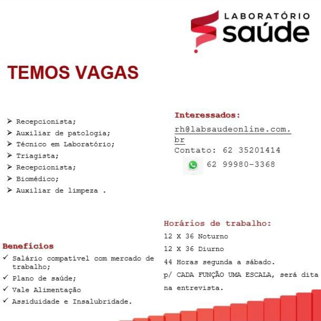 S saude
TEMOS VAGAS

Interessados:
> Recepcionista;

rh@labsaudeonline.com.
br
Contato: 62 35201414

@ 62 99980-3368

> Auxiliar de patologia;
> Técnico em Laboratério;
> Triagista;

> Recepcionista;

> Biomédico;

> Auxiliar de limpeza .

Horarios de trabalho:
12 X 36 Noturno

Beneficios ne ee nie
¥ Salario compativel com mercado de _
trabalho; 44 Horas segunda a sdébado.
Y Plano de satide; p/ CADA FUNCGAO UMA ESCALA, sera dita
Y Vale Alimentacao na entrevista.

   
 

¥ Assiduidade e Insalubridade. Ssaude
TEMOS VAGAS

Interessados:
> Recepcionista;

rh@labsaudeonline.com.
br
Contato: 62 35201414

@ 62 99980-3368

> Auxiliar de patologia;
> Técnico em Laboratério;
> Triagista;

> Recepcionista;

> Biomédico;

> Auxiliar de limpeza .

Horarios de trabalho:
12 X 36 Noturno

Renaficios 12 X 36 Diurno
v pie :
i a ne 44 Horas segunda a sdébado.
Y Plano de saide; p/ CADA FUNGAO UMA ESCALA, sera dita
Y¥ vale Alimentac&o na entrevista.

   
 

¥ Assiduidade ¢ Insalubridade. S saude
TEMOS VAGAS

Interessados:
> Recepcionista;

rh@labsaudeonline.com.
br
Contato: 62 35201414

@ 62 99980-3368

> Auxiliar de patologia;
> Técnico em Laboratério;
> Triagista;

> Recepcionista;

> Biomédico;

> Auxiliar de limpeza .

Horarios de trabalho:
12 X 36 Noturno

ficios 12 X 36 Diurno
Y Salario compativel com mercado de e
trabalho; 44 Horas segunda a sébado.
Y Plano de saiide; p/ CADA FUNGAO UMA ESCALA, sera dita
Y¥ Vale Alimentacao na entrevista.

   
 

¥ Assiduidade e Insalubridade. Ssaude
TEMOS VAGAS

Interessados:
> Recepcionista;

rh@labsaudeonline.com.
br
Contato: 62 35201414

@ 62 99980-3368

> Auxiliar de patologia;
> Técnico em Laboratério;
> Triagista;

> Recepcionista;

> Biomédico;

> Auxiliar de limpeza .

Horarios de trabalho:

12 X 36 Noturno
Beneficios 12 X 36 Diurno

Y Salario compativel com mercado de 44 Horas segunda a sébado

trabalho;
Y Plano de satide; p/ CADA FUNGAO UMA ESCALA, sera dita
Y Vale Alimentaga&o na entrevista.

   
 

¥ Assiduidade e Insalubridade. S saude
TEMOS VAGAS

Interessados:
> Recepcionista;

rh@labsaudeonline.com.
br
Contato: 62 35201414

@ 62 99980-3368

> Auxiliar de patologia;
> Técnico em Laboratério;
> Triagista;

> Recepcionista;

> Biomédico;

> Auxiliar de limpeza .

Horarios de trabalho:
12 X 36 Noturno

ficios 12 X 36 Diurno
Y Salario compativel com mercado de s
trabalho; 44 Horas segunda a sébado.
Y Plano de saiide; p/ CADA FUNGAO UMA ESCALA, serd dita
v¥ vale Alimentacao na entrevista.

   
 

¥ Assiduidade e Insalubridade. Ssaude
TEMOS VAGAS

Interessados:
> Recepcionista;

rh@labsaudeonline.com.
br
Contato: 62 35201414

@ 62 99980-3368

> Auxiliar de patologia;
> Técnico em Laboratério;
> Triagista;

> Recepcionista;

> Biomédico;

> Auxiliar de limpeza .

Horarios de trabalho:

12 X 36 Noturno
Beneficios 12 X 36 Diurno

Y Salario compativel com mercado de 44 Horas segunda a sébado

trabalho;
Y Plano de saide; p/ CADA FUNGAO UMA ESCALA, sera dita
v¥ Vale Alimentagao na entrevista.

   
 

¥ Assiduidade e Insalubridade. LABORATORIO
S sauide
TEMOS VAGAS

Interessados:
> Recepcionista; :
ie gaviiier He peboiedta: Eng tabenndeont ane Com.
r

> Técnico em Laboratério;
Contato: 62 35201414

® 62 99980-3368

> Triagista;
> Recepcionista;
> Biomédico;

> Auxiliar de limpeza .

Horarios de trabalho:

12 X 36 Noturno
Beneficios 12 x 36 Diurno

¥ Salaério compativel com mercado de A
#eabalnd: 44 Horas segunda a sébado.

¥ Plano de satide;
v Vale Alimentacéo na entrevista.
¥ Assiduidade e Insalubridade.

p/ CADA FUNCAO UMA ESCALA, sera dita Ssaude
TEMOS VAGAS

Interessados:
> Recepcionista;

rh@labsaudeonline.com.
br
Contato: 62 35201414

@ 62 99980-3368

> Auxiliar de patologia;
»® Técnico em Laboratério;
> Triagista;

> Recepcionista;

>» Biomédico;

> Auxiliar de limpeza .

Horarios de trabalho:
12 X 36 Noturno

Reneficios 12 X 36 Diurno
vY Salari 4 c
Salario compativel com mercado de 44 Horas segunda a sabado.
trabalho;
pe we a 4%
Y Plano de saide; p/ CADA FUNCAO UMA ESCALA, sera dita
v¥ Vale Alimentag&o na entrevista.

    
 

v Assiduidade e Insalubridade. LABORATORIO

saude

e
TEMOS VAGAS

Interessados:
>» Recepcionista;

rh@labsaudeonline.com.

> Auxiliar de patologia;
br

Contato: 62 35201414
2 62 99980-3368

> Técnico em Laboratério;
> Triagista;

> Recepcionista;

> Biomédico;

> Auxiliar de limpeza .

Hor4rios de trabalho:
12 KX 36 Noturno

   
 

seneficios 12 X 36 Diurno
¥ Sald4rio compativel com mercado de
trabalho; 44 Horas segunda a sébado.
Y Plano de satide; p/ CADA FUNCAO UMA ESCALA, sera dita
v¥ Vale Alimentacéo na entrevista.

¥Y Assiduidade e Insalubridade. S saude
TEMOS VAGAS

Interessados:
> Recepcionista;
rh@labsaudeonline.com.

br
Contato: 62 35201414

> Ruxiliar de patologia;
® Técnico em Laboratéria;
> Triagista;

> Recepcionista; @ 62 99980-3368
> Biomédico;

> Auxiliar de limpeza .

Horarios de trabalho:
12 X 36 Noturno

Beneficios 12 X 36 Diurno
¥Y Salarioc iv c
Salario compativel com mercado de 44 Horas segunda a sébado.
trabalho;
/ empn 5 rr maine - ‘
7 plano. de sande; p/ CADA FUNCAO UMA ESCALA, sera dita
v Vale Alimentagao na entrevista.

Y Assiduidade e Insalubridade.